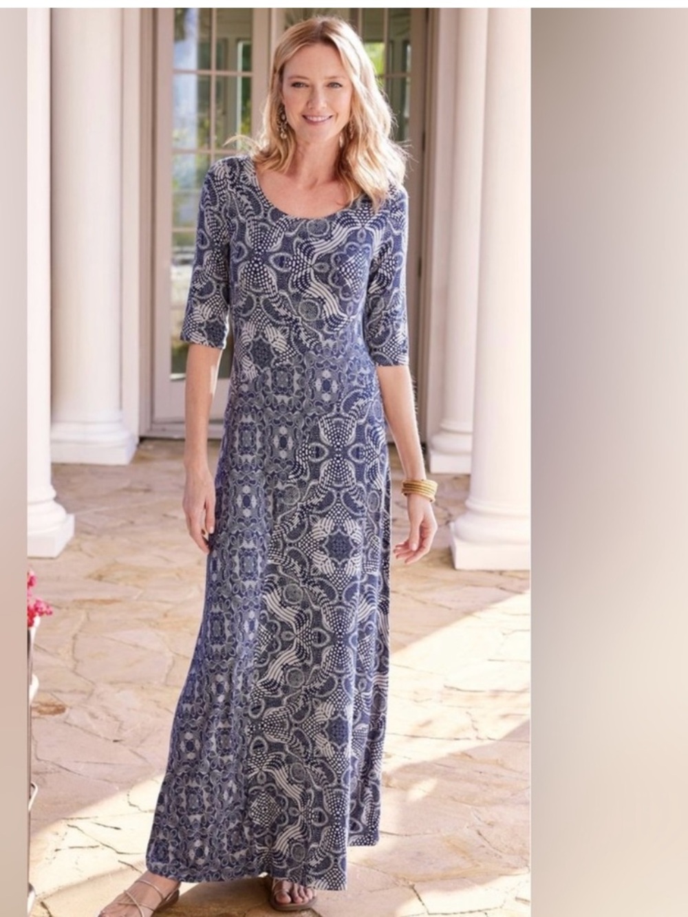 Soft Surroundings Juliette Jersey Navy & Neutral Tile Maxi Dress Size XL - Picture 2 of 11